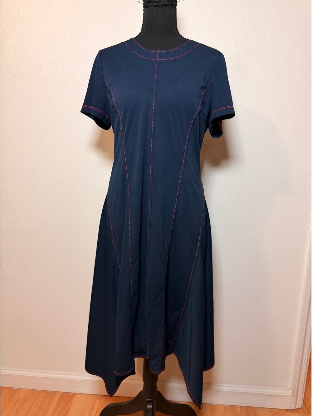 Donna Karan Navy Blue Contrast Stitch Midi Dress M